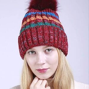 Knit Beanie Large Pompom Fleece - Lined NEW